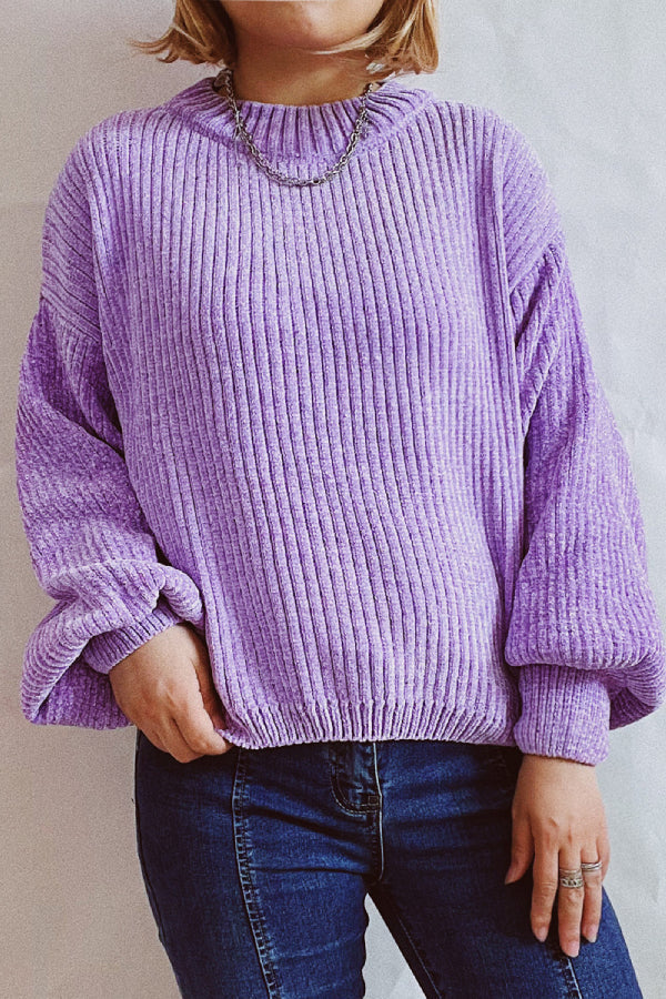 Color Round Neck Lantern Sleeve Short Knitted Sweater