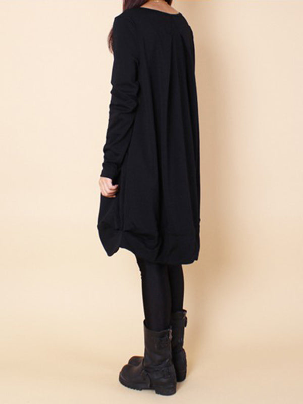 A-line Long Sleeves Pleated Color Round-neck Dresses Maxi Dresses