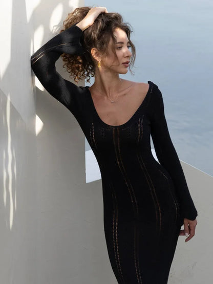 Knitted Sweater Long Sleeved V-neck Dress Slim Hollow Out Female Vesidos Party Club Evening Dress Vacation