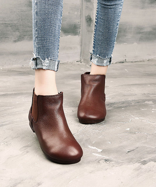 Coffee Boots Cowhide Leather Warm Fleece Flat Boots