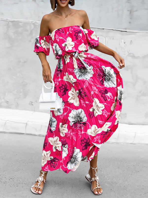 A-line Loose Elasticity Flower Print Pleated Split-joint Tied Waist Off-the-shoulder Maxi Dresses