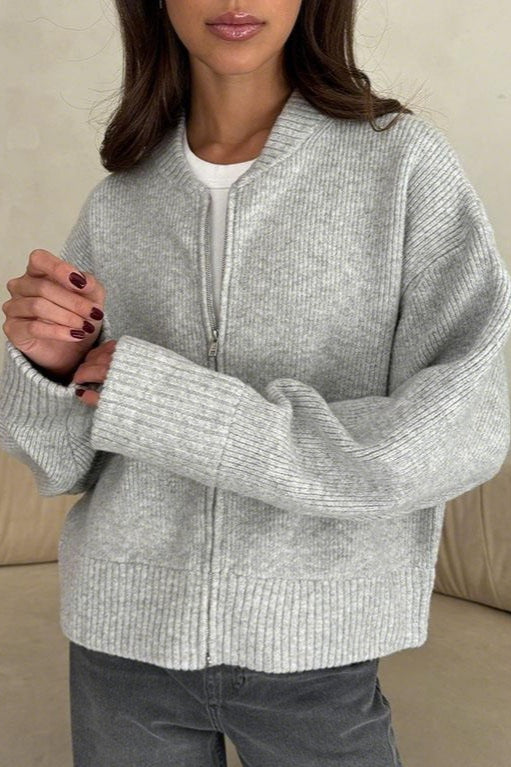 Color Zip-up Loose Fit Knit Sweater