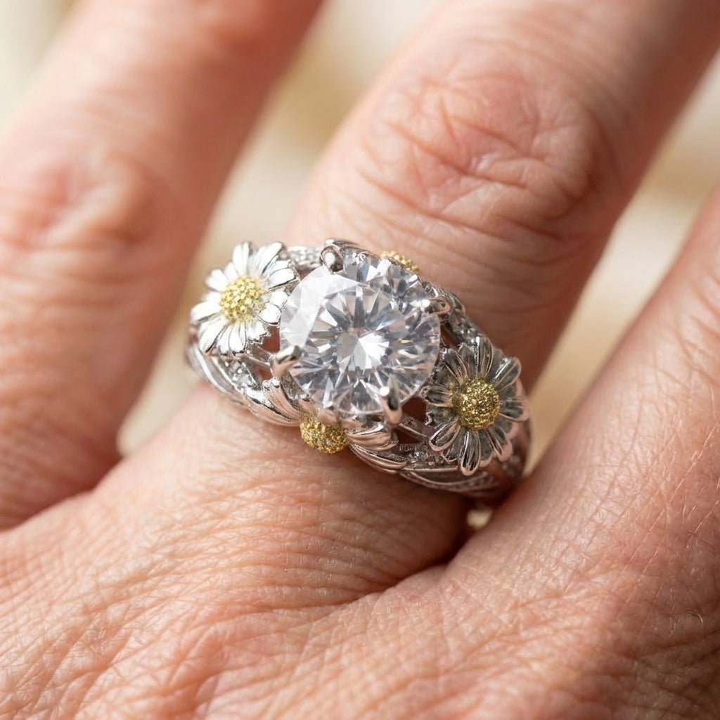 Vintage Yellow Sunflower & Silver Ring
