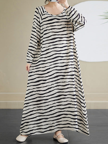 A-line Long Sleeves Contrast Color Elasticity Striped Round-neck Maxi Dresses