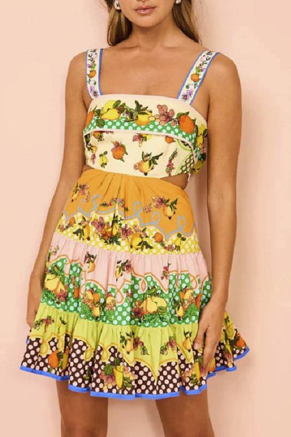 Summer Multicolorlemon Preated Hem Mini Dress