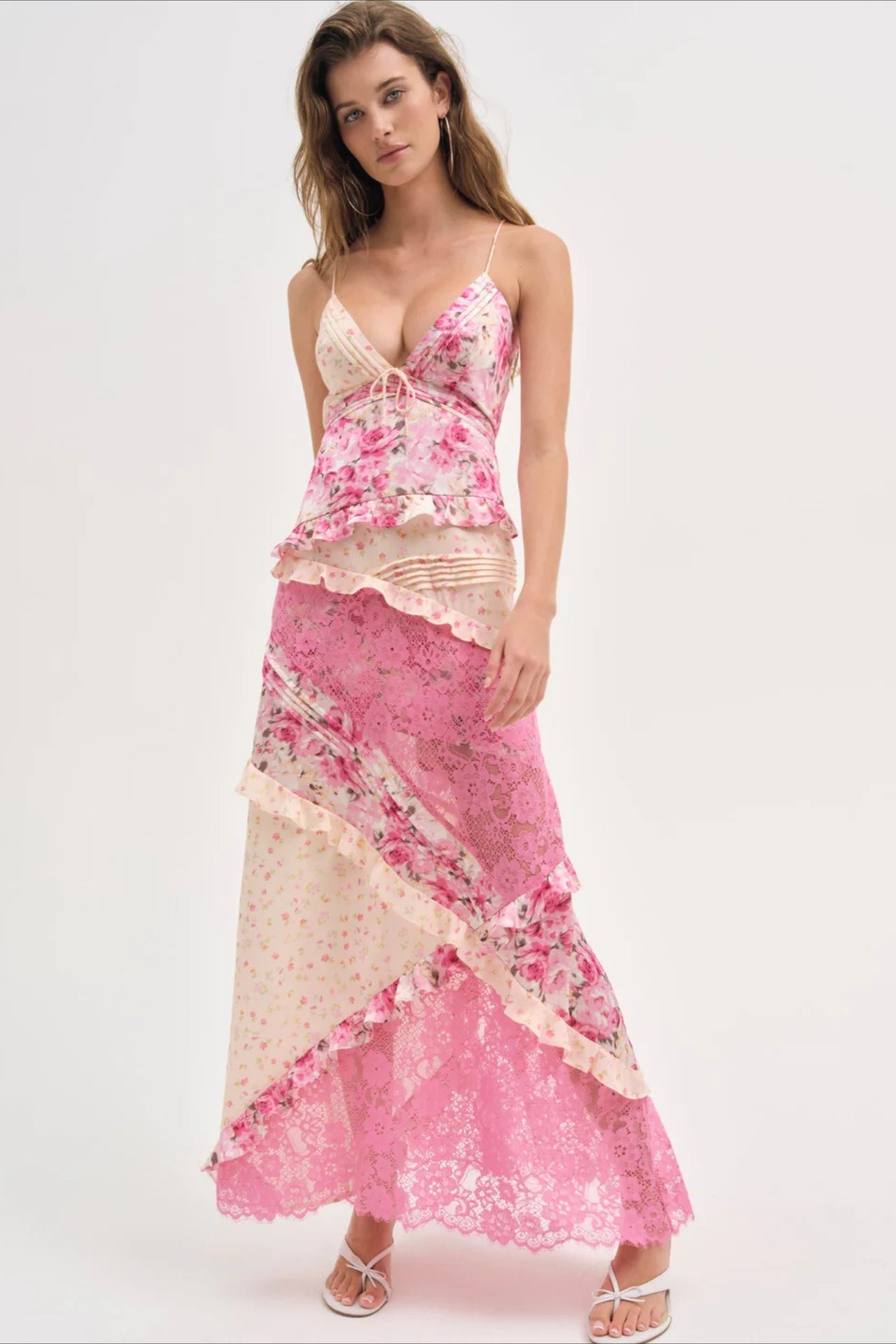 Deep V Ruffle Lace Patchwork Cami Maxi Dress