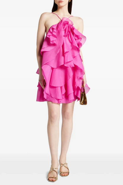 Caysie Halter Ruffle Layered Mini Dress - Fuchsia