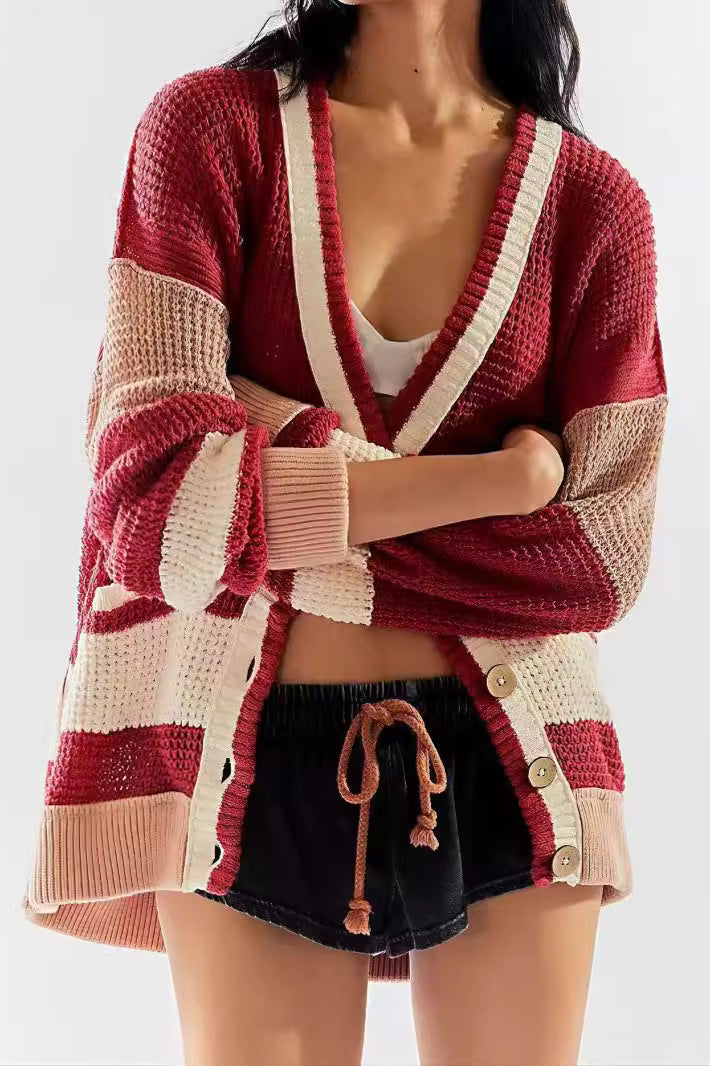 Striped Colorblock Deep V-neck Knit Cardigan