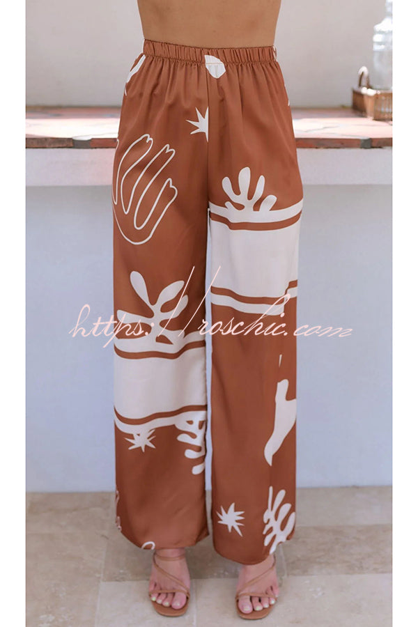 The Beach Unique Color Block Print Button Up Shirt and Elastic Waist Pants Set