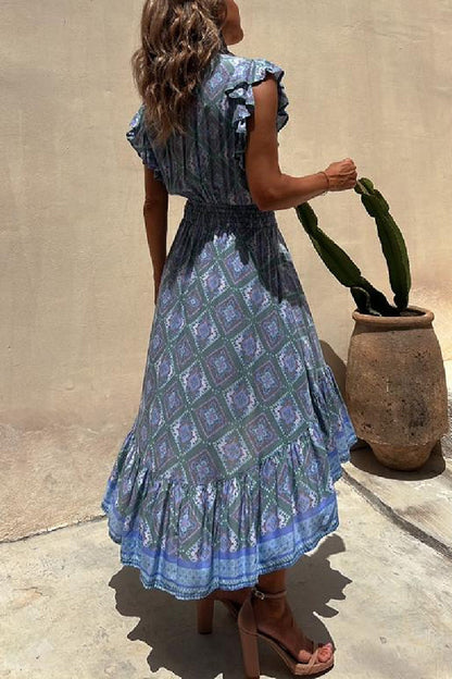 Libby Hippie Printed Tie Front Ruffle Sleeve Smocked Waist Midi Dress