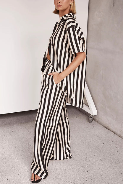 Erika Striped Shirt and Elastic Waist Pocket Wide Leg Pants Set
