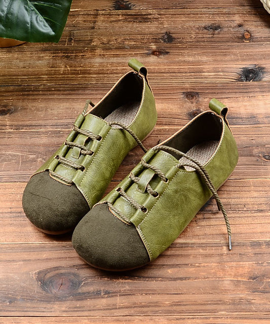 Lace Up Splicing Flat Shoes for Green Faux Leather