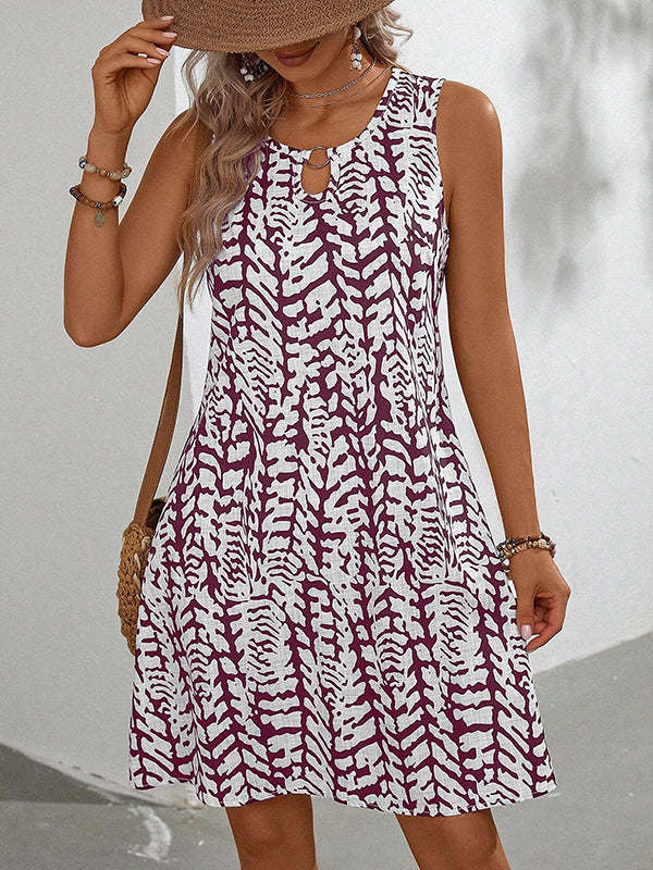 A-line Loose Hollow Printed U-neck Mini Dresses