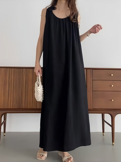 High Waisted Loose Pleated Color Tied Round-neck Maxi Dresses