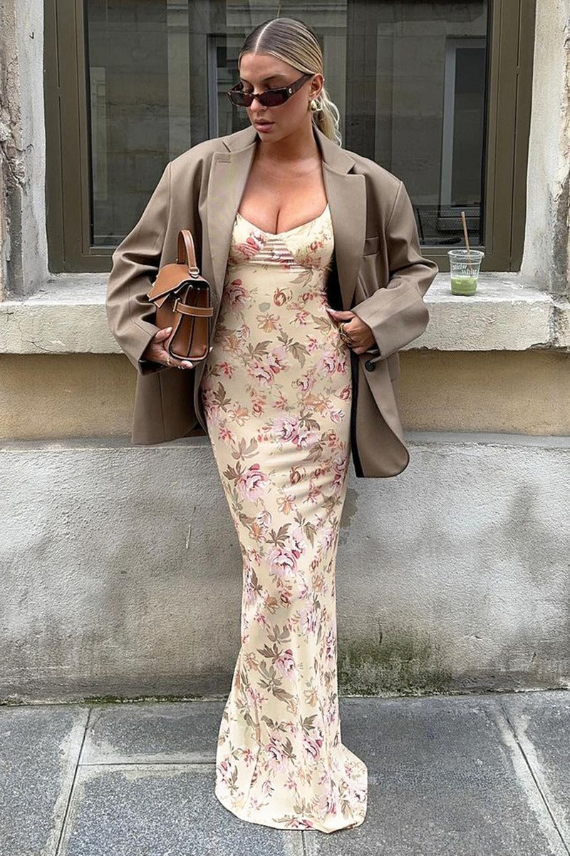 Low Cut U-neck Print Slit Cami Maxi Dress