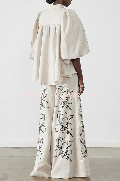 Elaina Linen Blend Print Button Pocketed Wide Leg Palazzo Pant