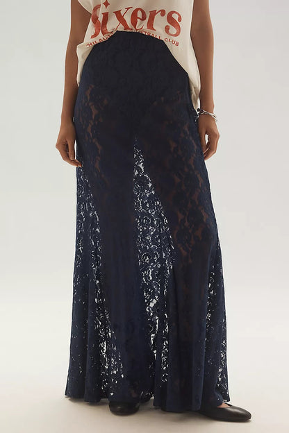 Sheer Embroidered Lace Maxi Skirt