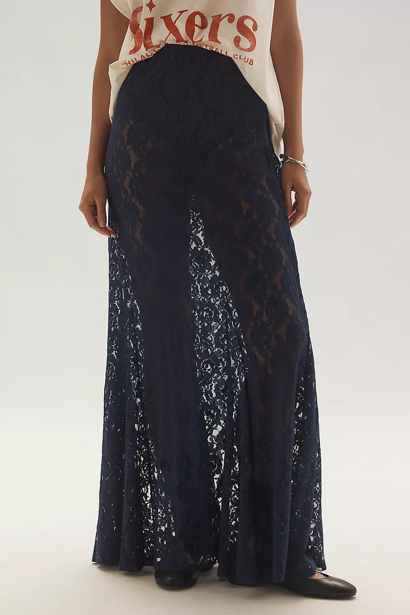 Sheer Embroidered Lace Maxi Skirt