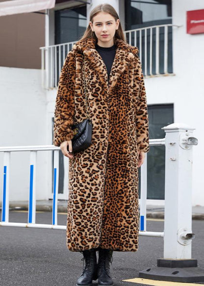 Leopard Print Faux Fur Long Coat With Suit Collar