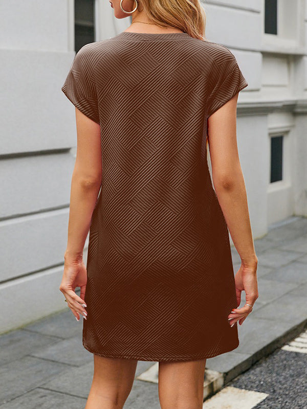 A-line Loose Jacquard Pockets Color Round-neck Mini Dresses