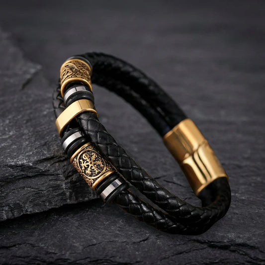 Woven Leather Gold Bracelet
