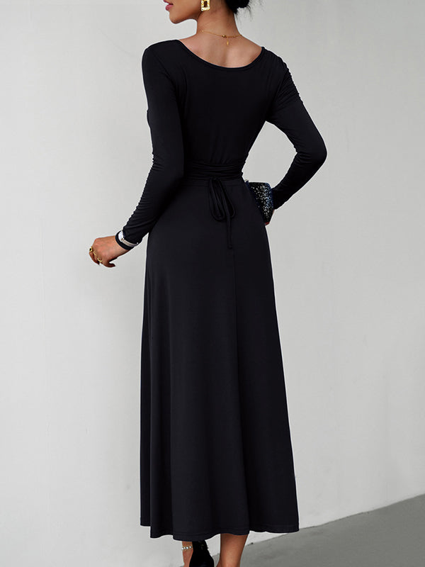A-line High Waisted Color Tied Waist U-neck Midi Dresses