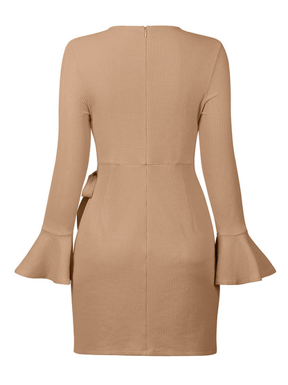 Simple Long Sleeves Skinny Tied Falbala Color Round-neck Mini Dresses