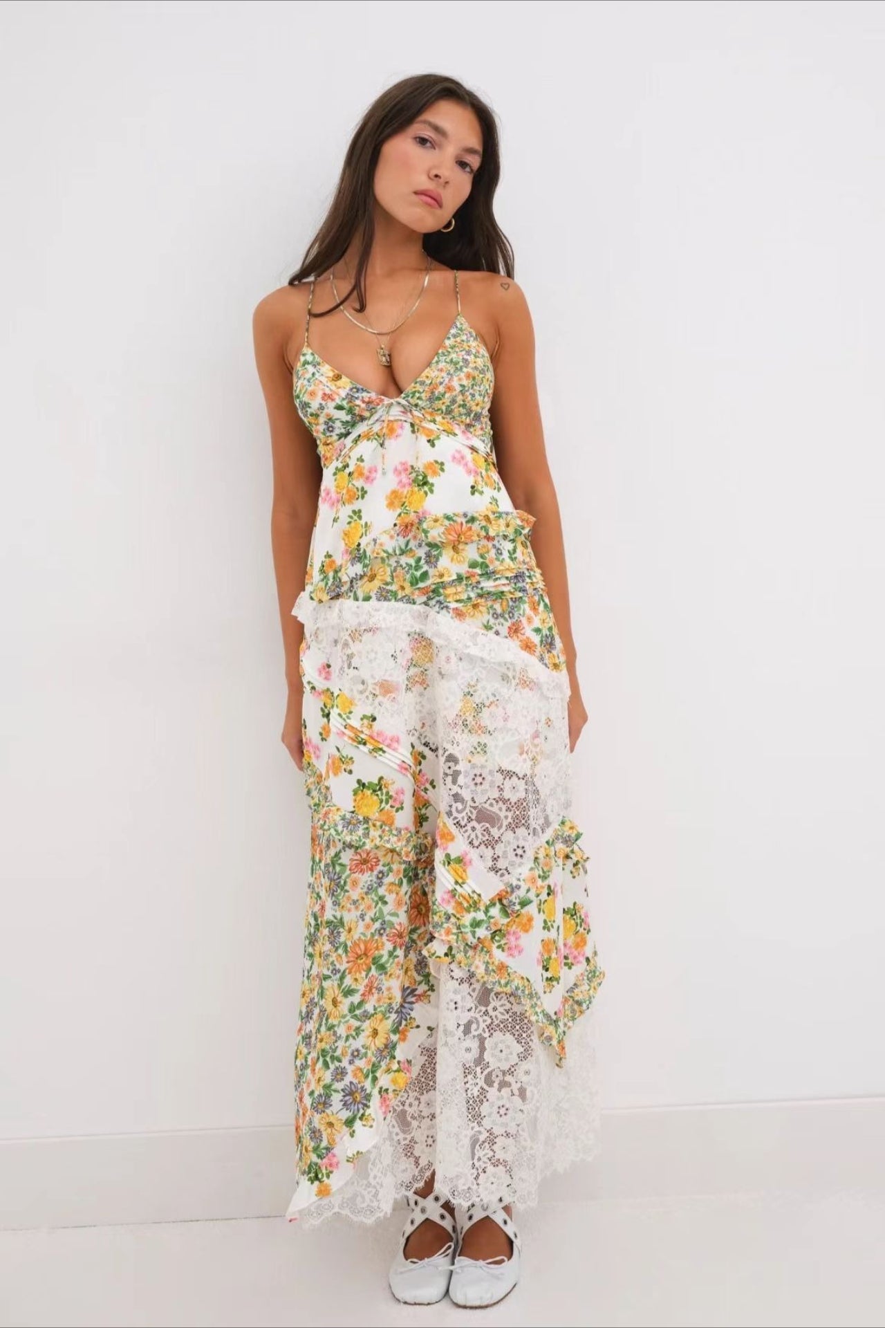 Deep V Ruffle Lace Patchwork Cami Maxi Dress