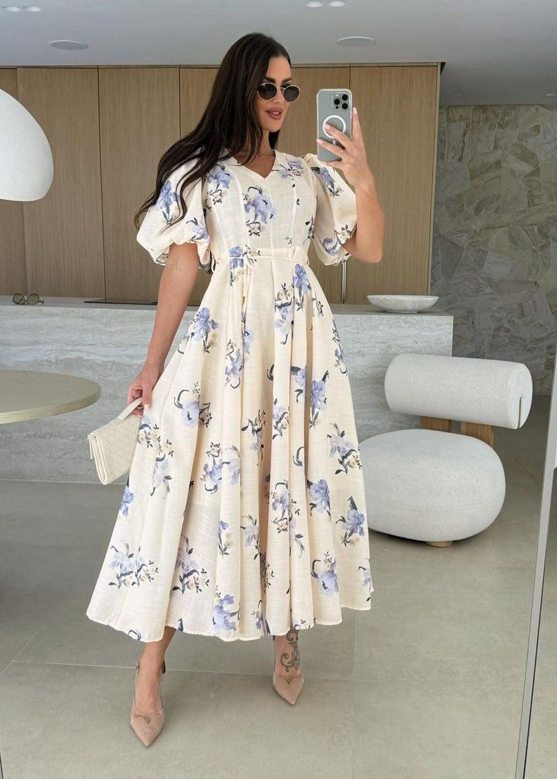 Beige Puff Sleeve Maxi Dress – V-neck A-line Gown