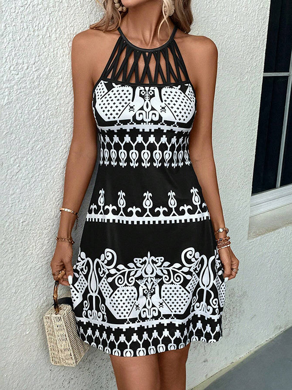 Loose Sleeveless Hollow Printed Split-joint Halter-neck Mini Dresses