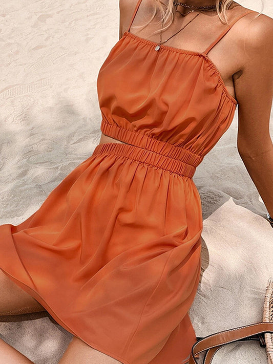 A-line Loose Elasticity Hollow Color Split-joint Spaghetti-neck Mini Dresses