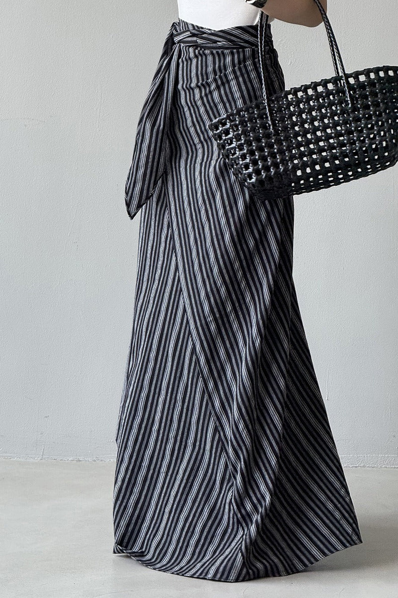 High Waist Striped Tie Waist a Line Maxi Skirt
