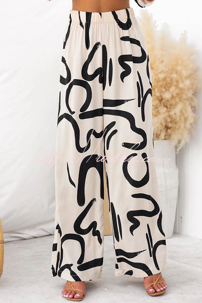 Irregular Printed Button Pocket Long Sleeved Shirt and Elastic Waist Pants Set
