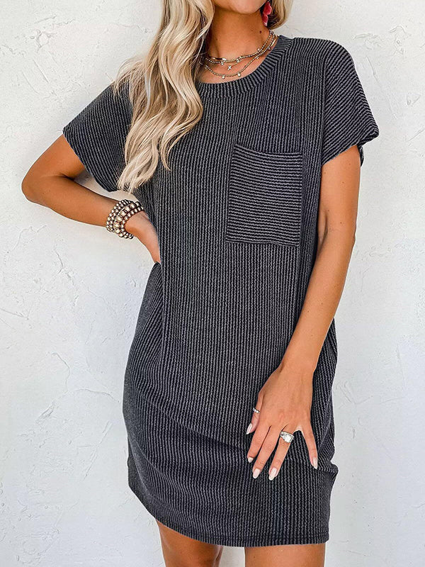 A-line Loose Contrast Color Pockets Split-joint Striped Round-neck Mini Dresses