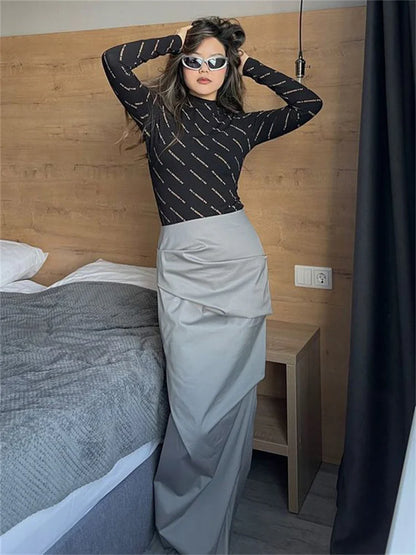 Summer for Split Y2k Pencil Skirts Bodycon High Waist Pleated Irregular Maxi Skirt