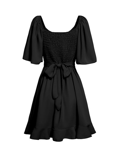 Flared Sleeves Half Sleeves Elasticity Ruffled Color Split-joint Tied Waist V-neck Mini Dresses