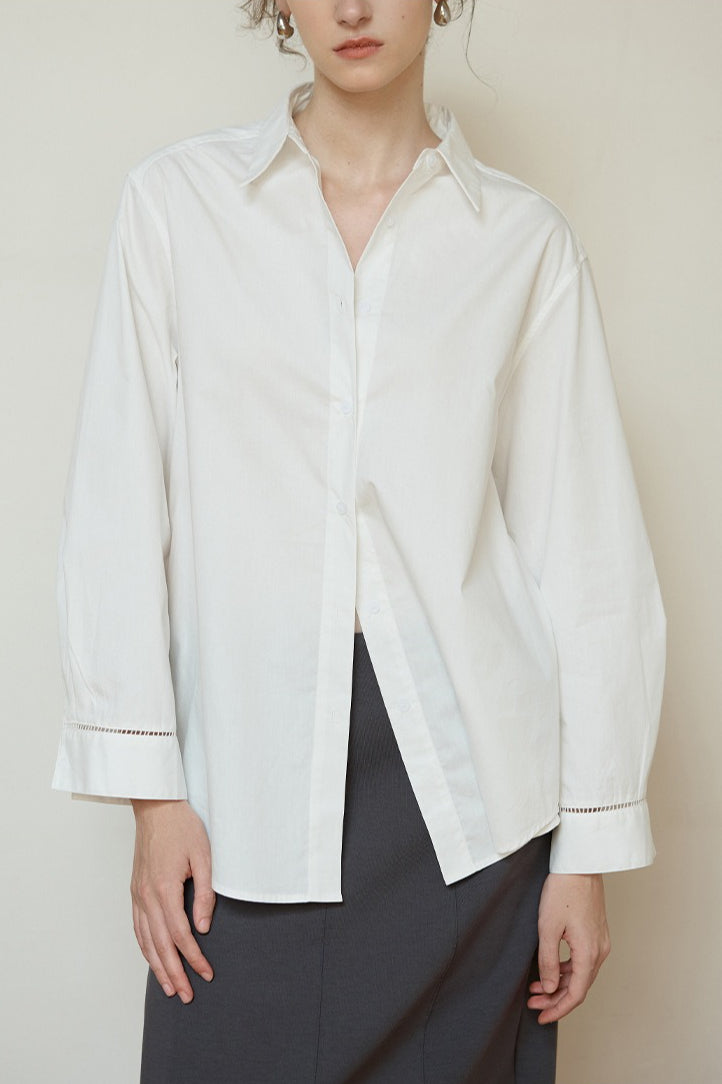 White High-density Cotton Long-sleeve Collared Blouse