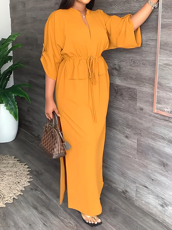 Loose Drawstring Color Split-side V-neck Maxi Dresses