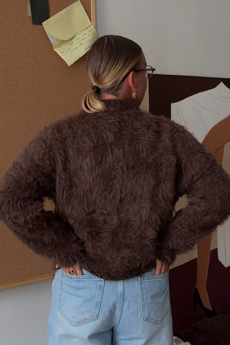 Color Button-up Faux Fur Knit Sweater