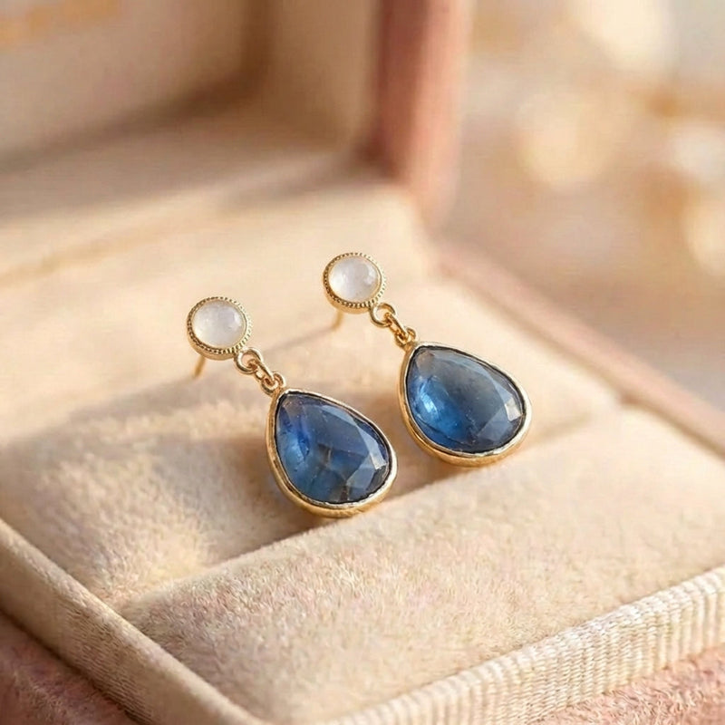 Blue Inlaid Drop Stone Pearl Earrings