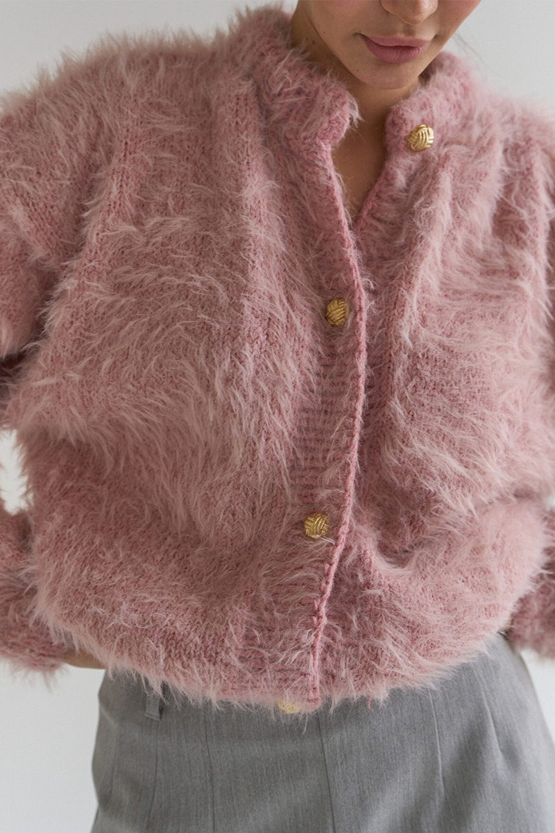 Color Button-up Faux Fur Knit Sweater