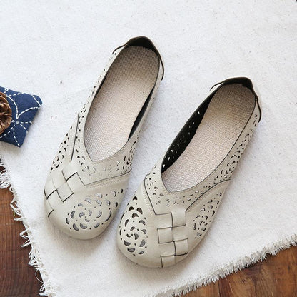 Hollow Out Plait Linen Insole Leather Flats Shoes