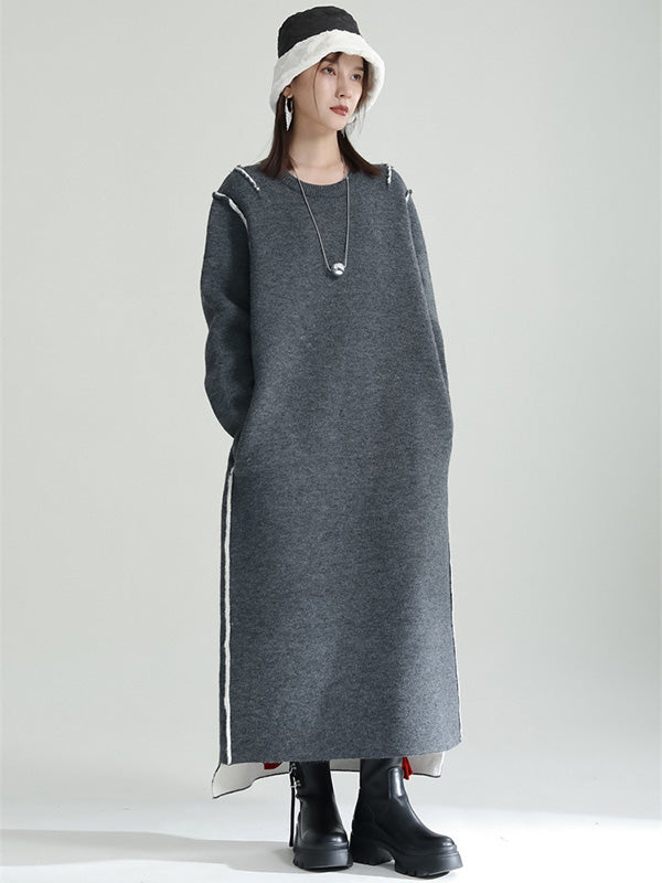 Long Sleeves Loose Color Round-neck Sweater Dresses