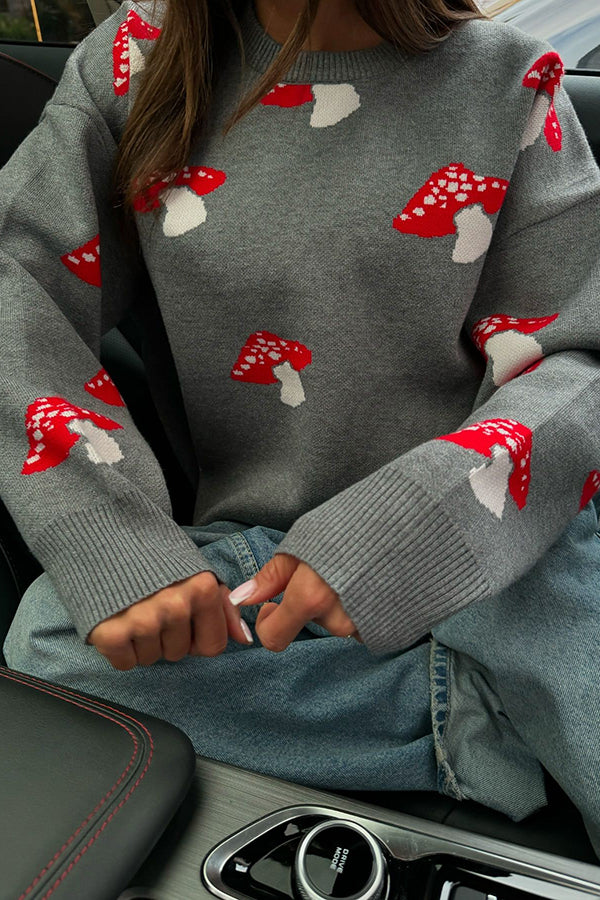 Mushroom Pattern Loose Round Neck Knitted Sweater