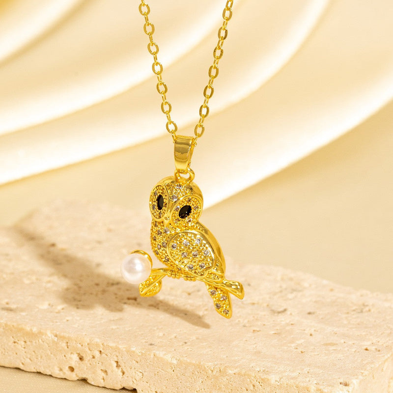Gold Owl Pearl Necklace