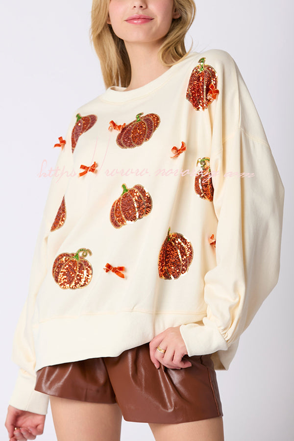 Halloween Colorful Pumpkin Embroidered Loose Sweatshirt