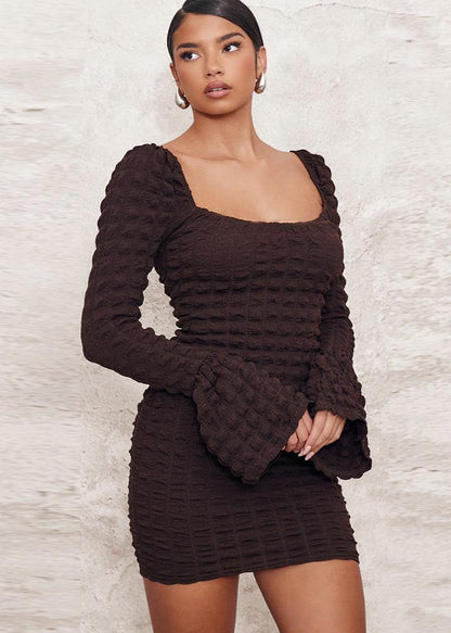 Seersucker Flared Sleeve Dress With Hollow Chest