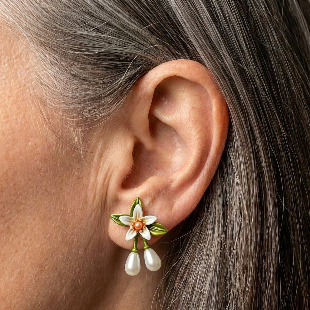 White Flower Pearl Drop Earrings