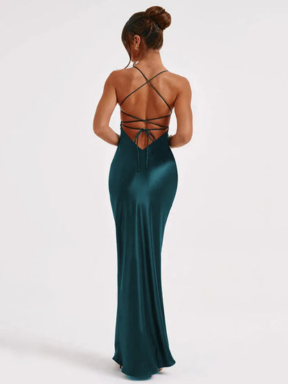Spaghetti Strap Bodycon Satin Dress With Open Back Lace Up Female Long Dress Party Club Evening Dress