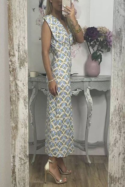 Forever Here Printed Padded Shoulder Front Center Slit Midi Dress